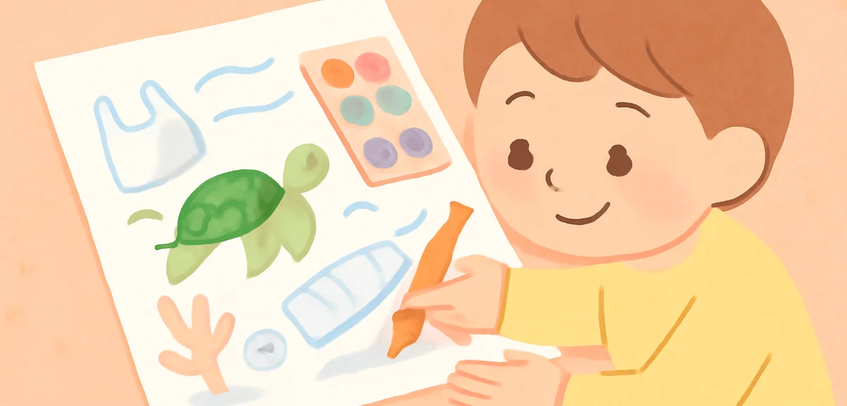 Close-up of a child sketching ocean pollution scene with sea turtle and plastic waste, pencil and wa