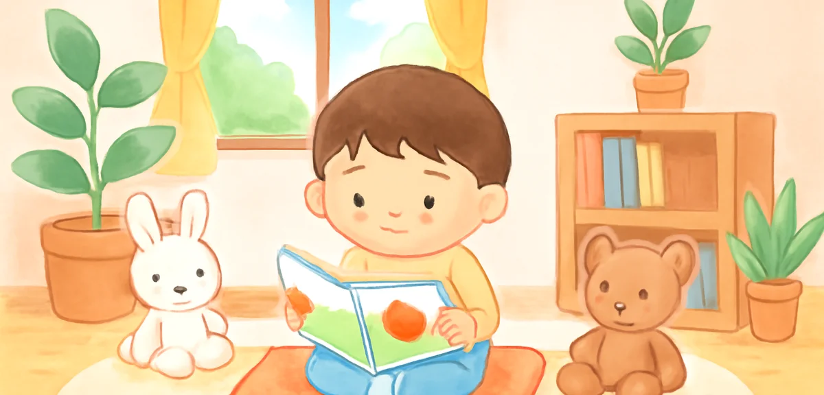 A cozy reading corner at home with a low-grade elementary child sitting on cushions reading a pictur
