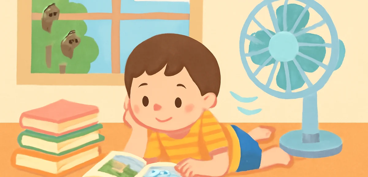 A middle-grade elementary student lying on the floor absorbed in an adventure storybook, stack of bo