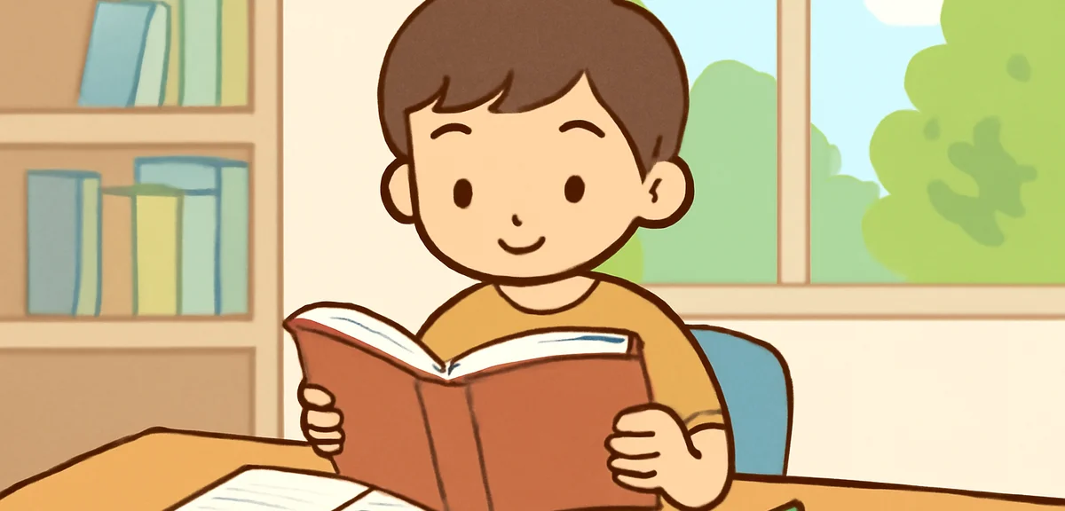 An upper-grade elementary student reading a thick novel at a library desk by a large window, summer 