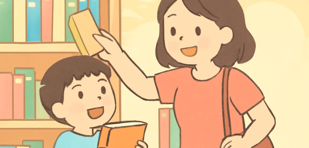 A family scene with parent and elementary child choosing books together at a bookstore or library sh