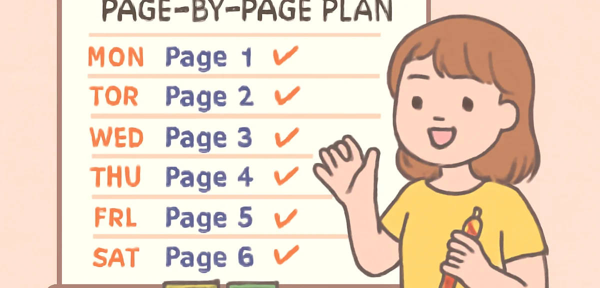 A page-by-page plan written on a whiteboard with daily quotas for a summer workbook, colorful marker