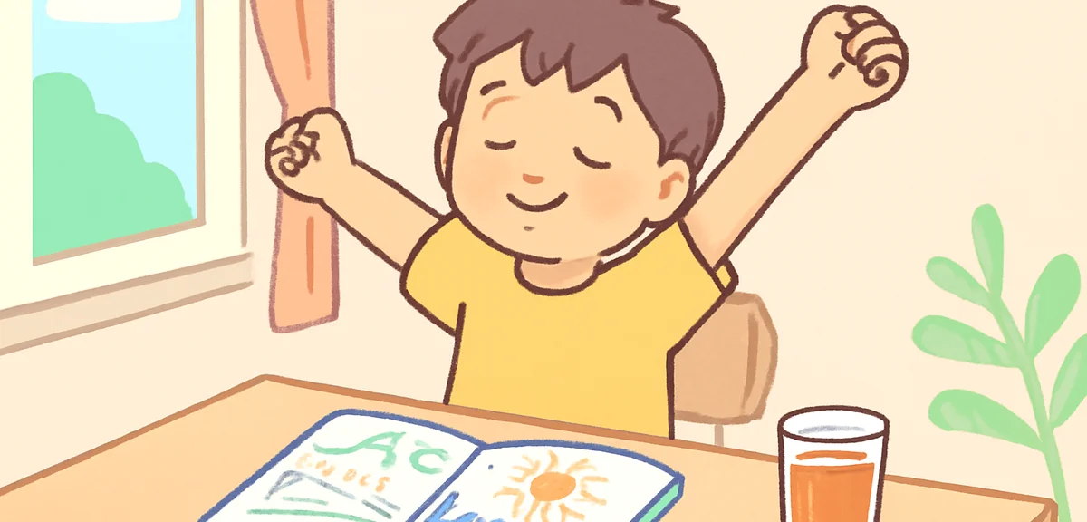 A child stretching at a desk in the morning, summer workbook open, glass of barley tea beside, soft 