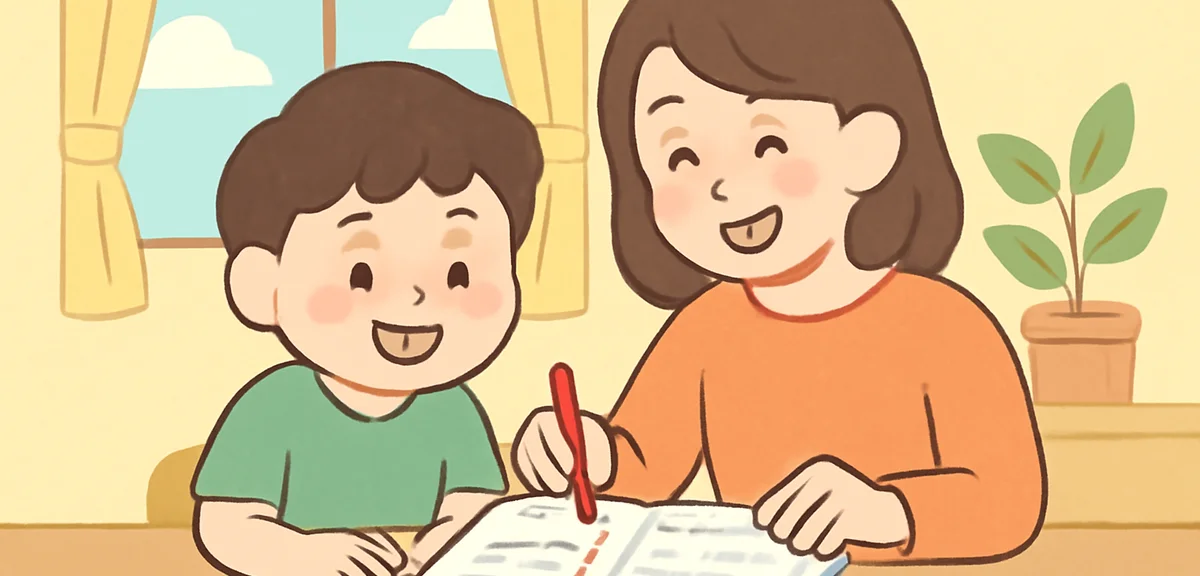 A parent and child checking off completed pages of a summer workbook together, smiling, warm family 