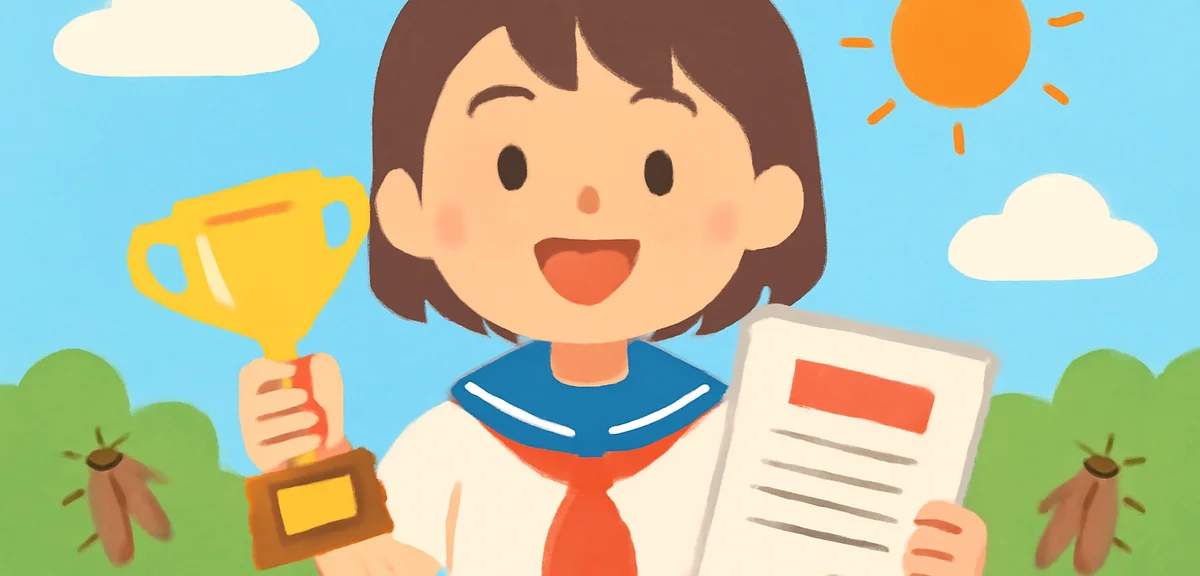 A cheerful Japanese student holding a trophy and certificate from a writing contest, summer backgrou