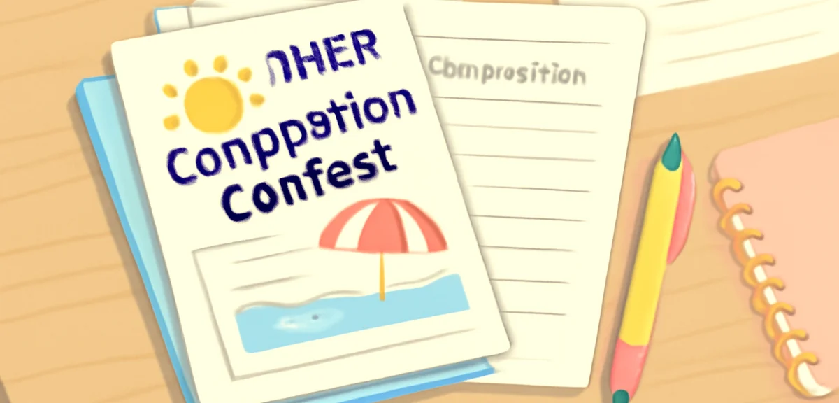 A neatly arranged stack of contest leaflets and application forms for summer composition contests on