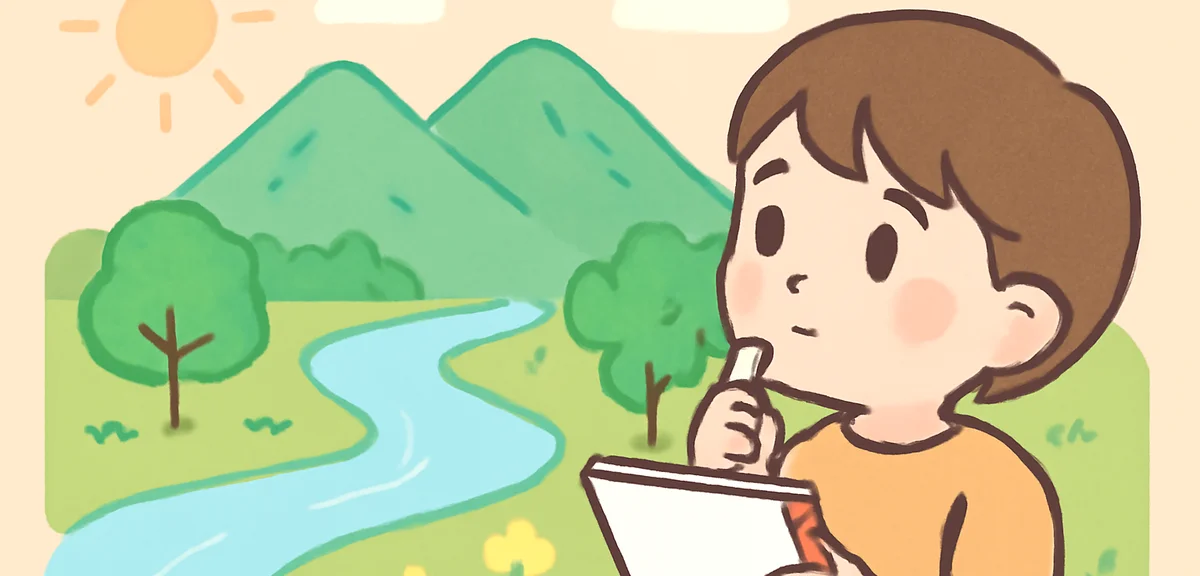A Japanese child looking thoughtfully at nature, mountains and river in summer, holding a notebook t