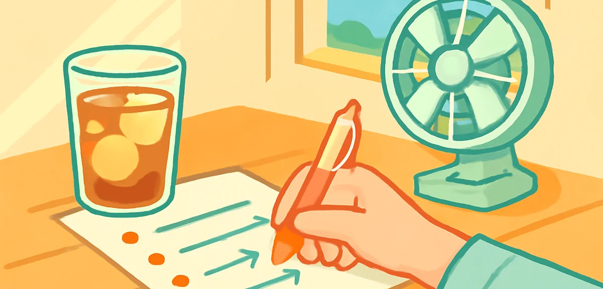 A young writer's hand drafting an outline on paper with arrows and bullet points, beside a glass of 