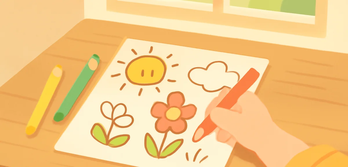 A child's hand holding a colored pencil over a printed coloring sheet on a wooden desk near a window