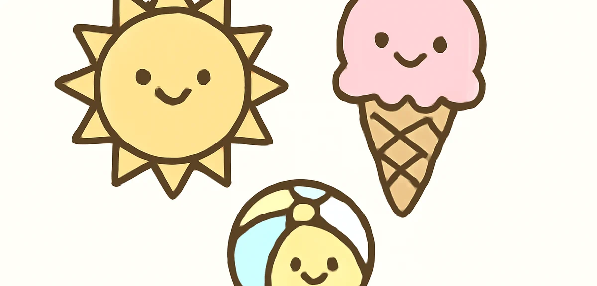 A simple line drawing coloring template for toddlers featuring a smiling sun, ice cream, and beach b