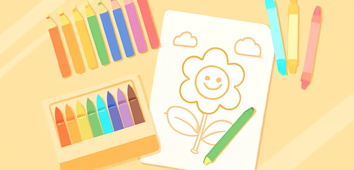 Various art supplies for coloring on a desk: colored pencils, crayons, watercolor markers, and a pri