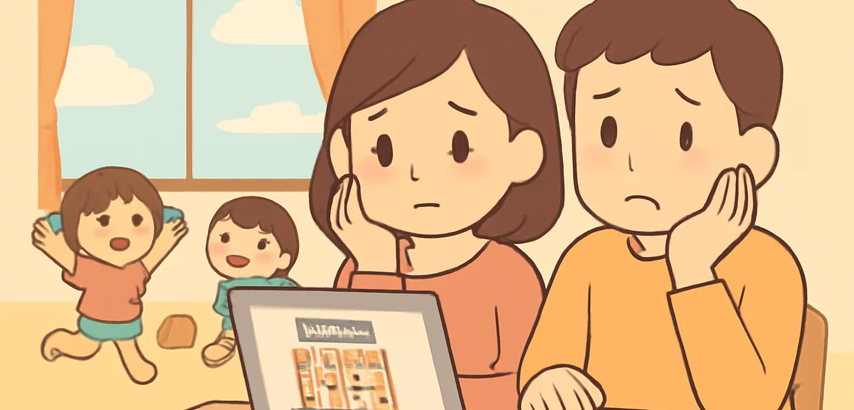 A worried Japanese couple looking at a laptop with hotel booking website, kids playing in the backgr