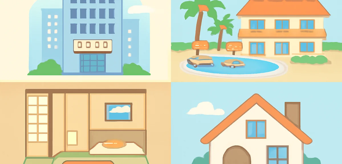 Four hotel types collage: modern city hotel exterior, tropical resort with pool, traditional Japanes