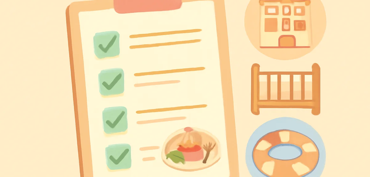 A checklist on a clipboard with hotel icons, kid-friendly amenities like crib, kids menu, pool float