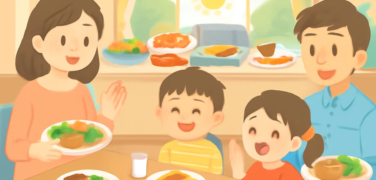 A Japanese family enjoying a colorful kids buffet breakfast at a hotel restaurant, smiling children,