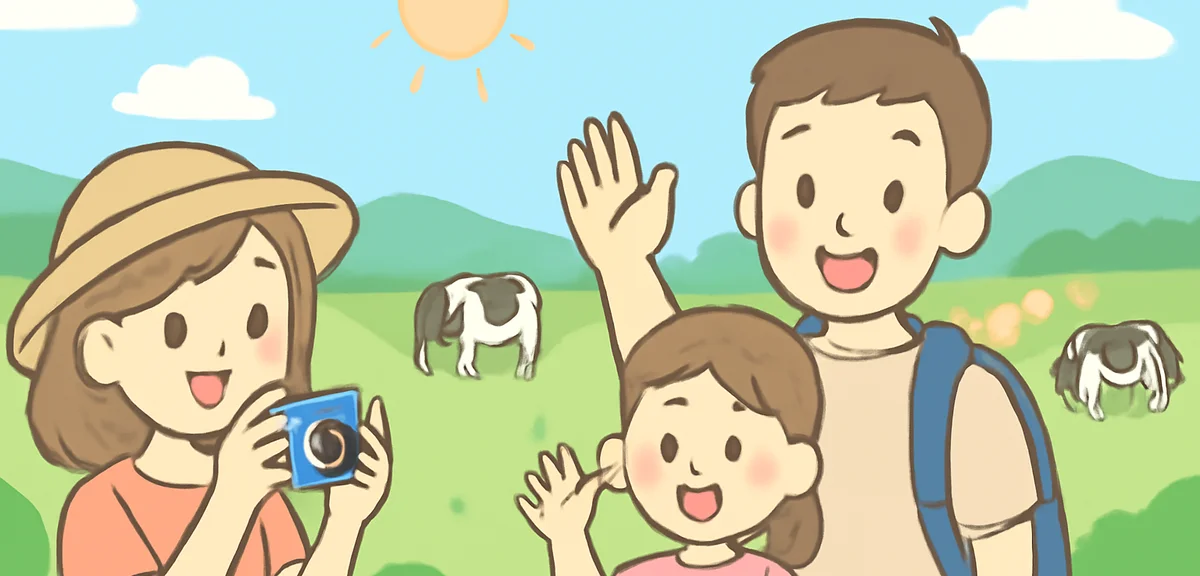 Tourists enjoying summer Hokkaido scenery with green meadows and cows grazing, families taking photo