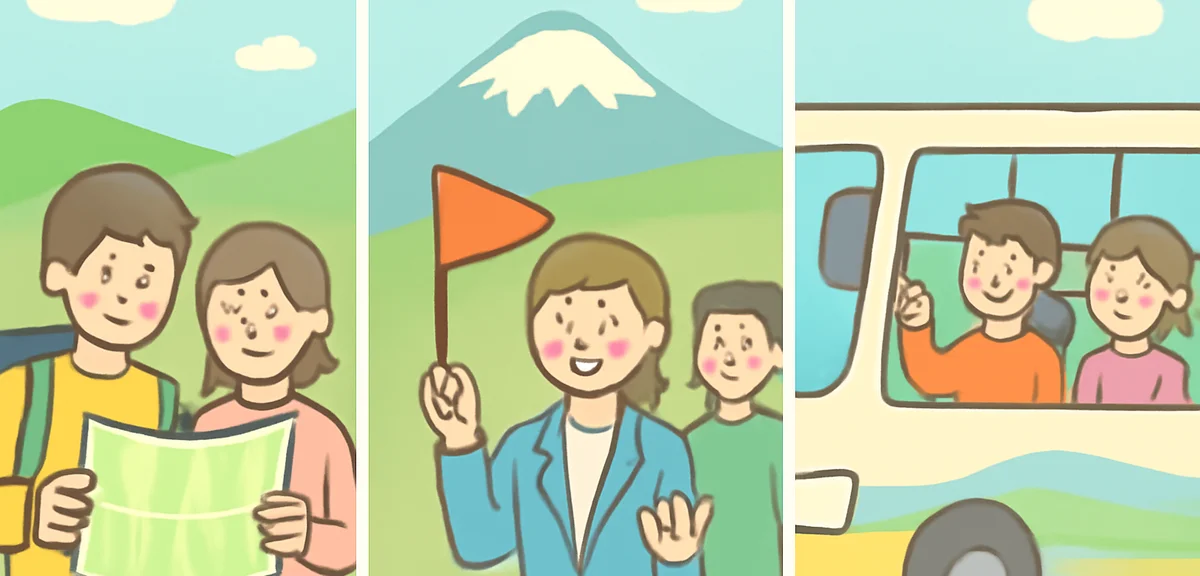 Comparison of three tour types in Hokkaido summer: free plan travelers with map, guided tour group w