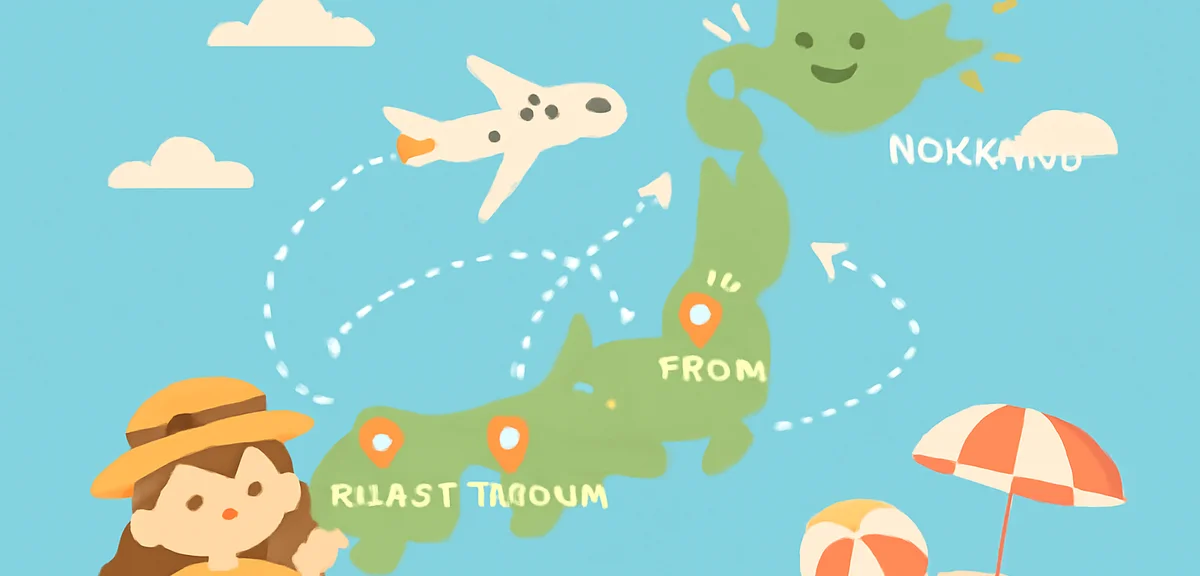 Map of Japan showing departure points Tokyo Osaka Nagoya Fukuoka with airplane lines connecting to H