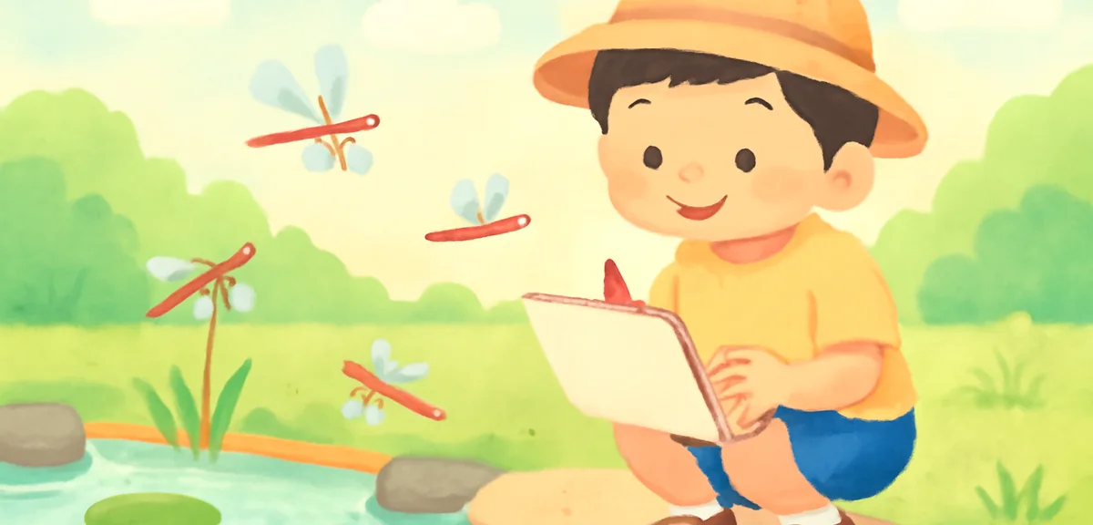 A child observing dragonflies near a pond with a sketchbook, summer afternoon, soft sunlight, waterc