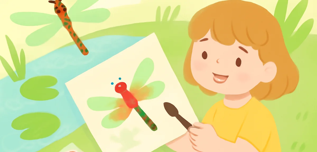 A composition study of a dragonfly painting with diagonal layout, vivid red and green colors, waterc