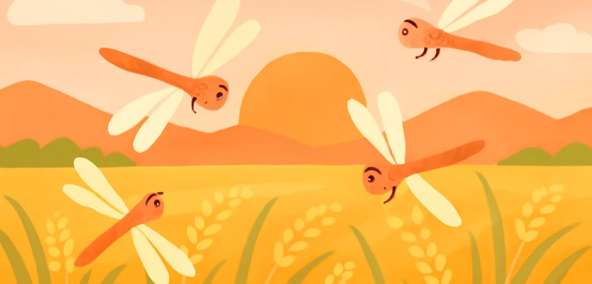 Award-winning style children's painting of dragonflies flying over rice fields at sunset, warm color