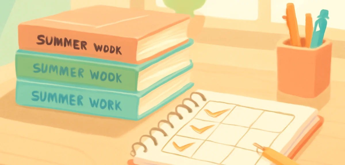 Close-up of stacked high school summer workbooks and a planner with checkmarks, organized study desk
