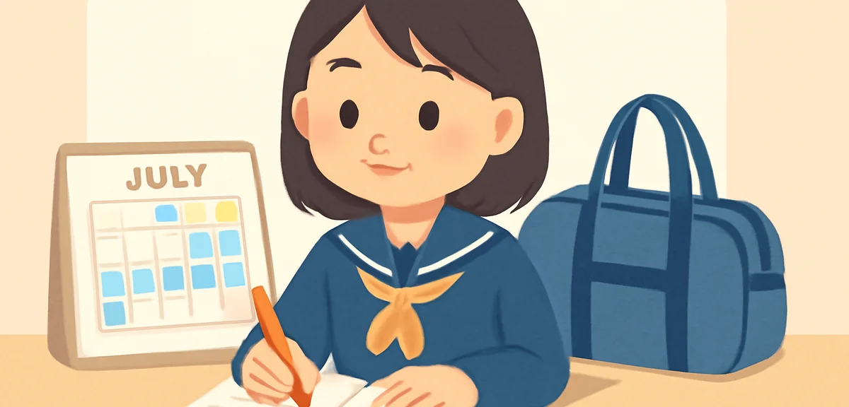 Japanese high school student writing in a planner with calendar showing summer schedule, balancing c