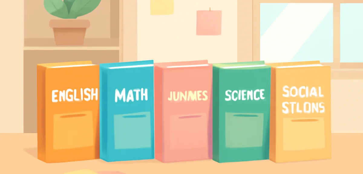 Five high school textbooks for English math Japanese science social studies lined up on a desk with 