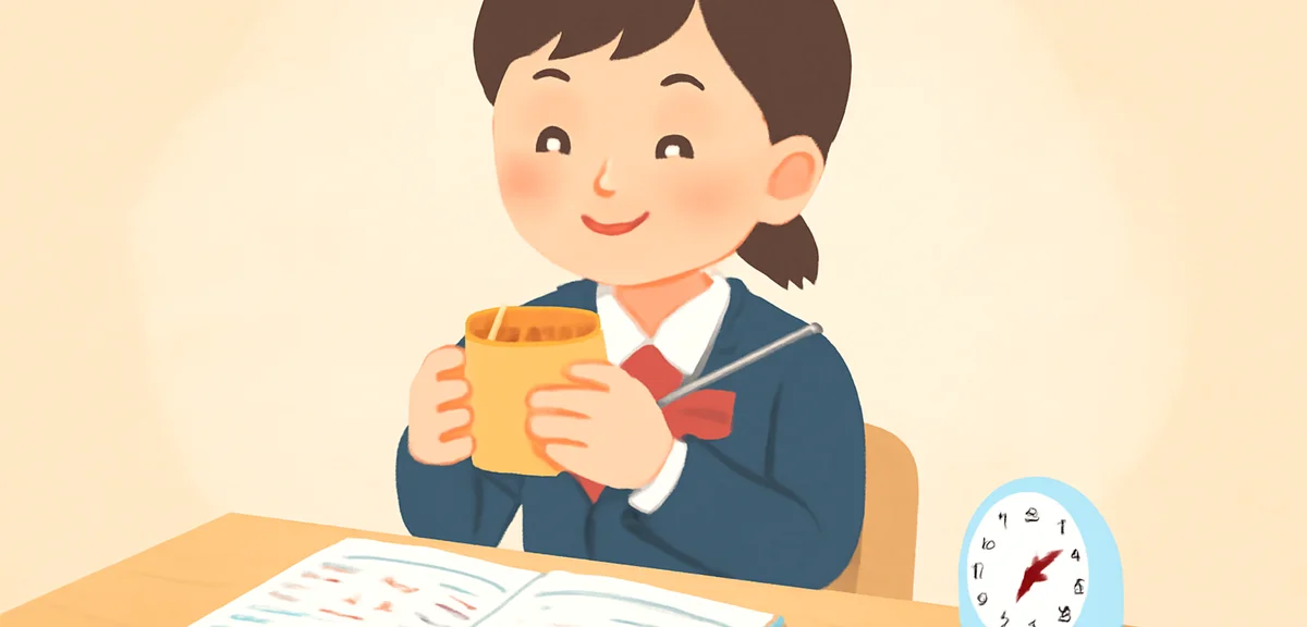 Japanese high school student taking a short break with tea and timer on desk, partially completed wo