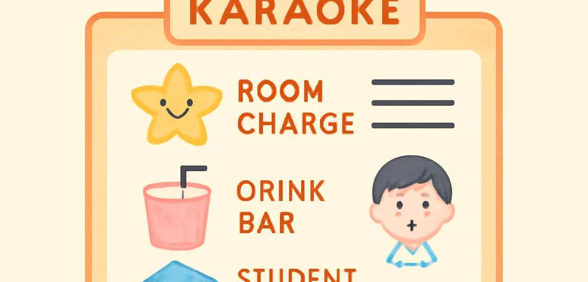 Flat illustration of a karaoke price menu board showing room charge, drink bar, and student plan ico