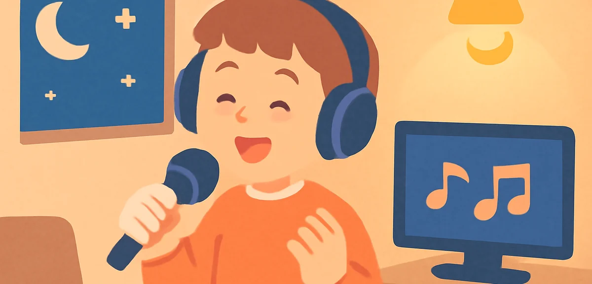 Illustration of one person enjoying solo karaoke (hitokara) at night, headphones, microphone, cozy s