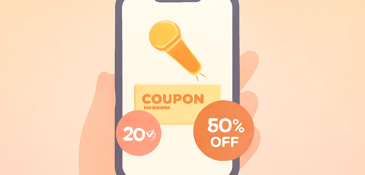 Illustration of a smartphone showing a karaoke coupon app screen with discount badges, hand holding 
