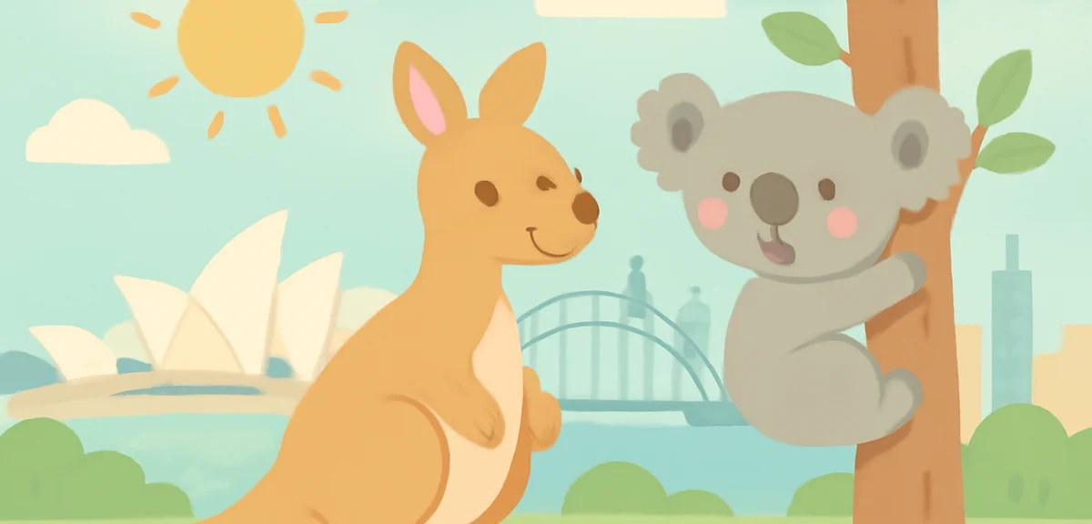 Australia travel concept, kangaroo and koala with Sydney skyline, winter sunshine, soft pastel illus