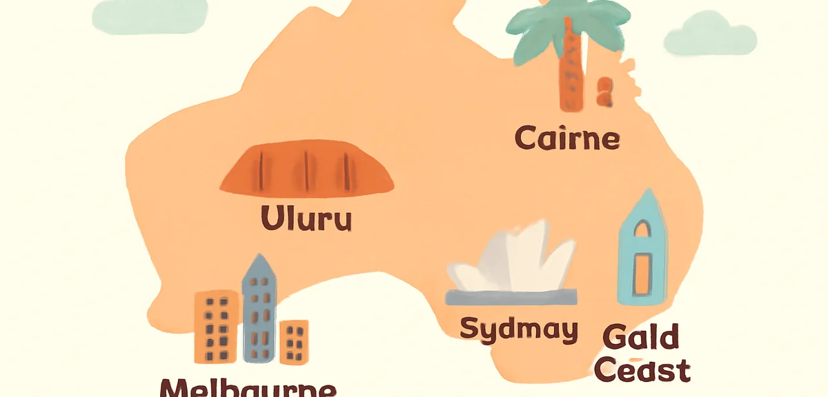 Map of Australia with main travel cities, soft pastel illustration, Sydney Melbourne Cairns Gold Coa