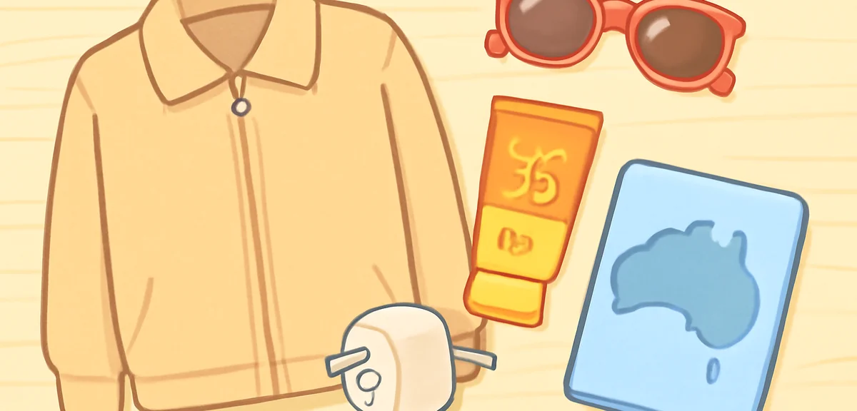 Australian travel essentials packed on desk, light jacket, sunglasses, sunscreen, plug adapter, soft