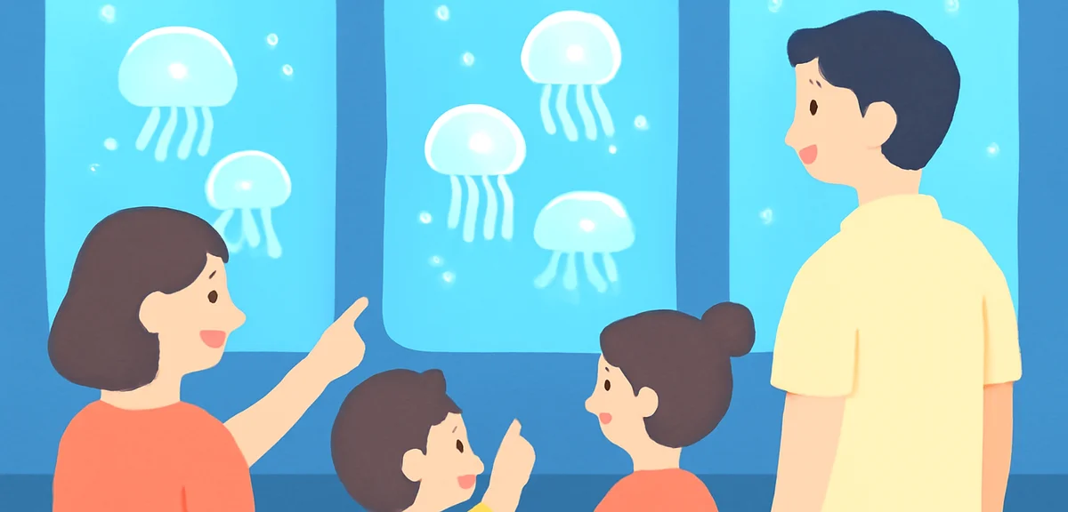 Cool blue aquarium interior with silhouettes of parents and children looking at glowing jellyfish ta