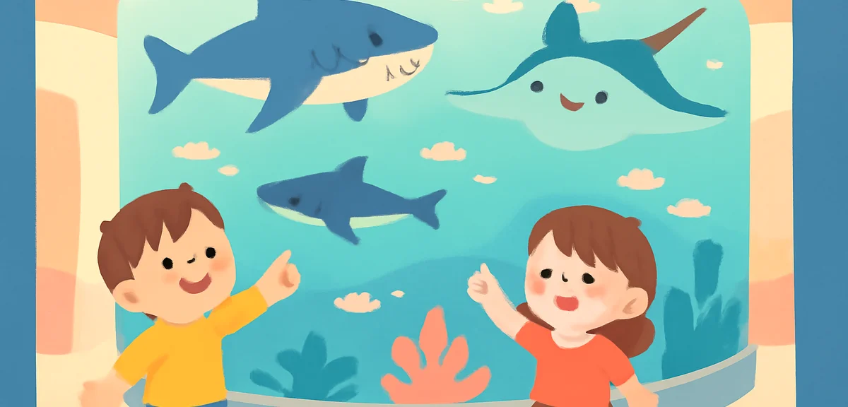 Illustration of a Kansai area aquarium interior with a giant central tank and children pointing at r