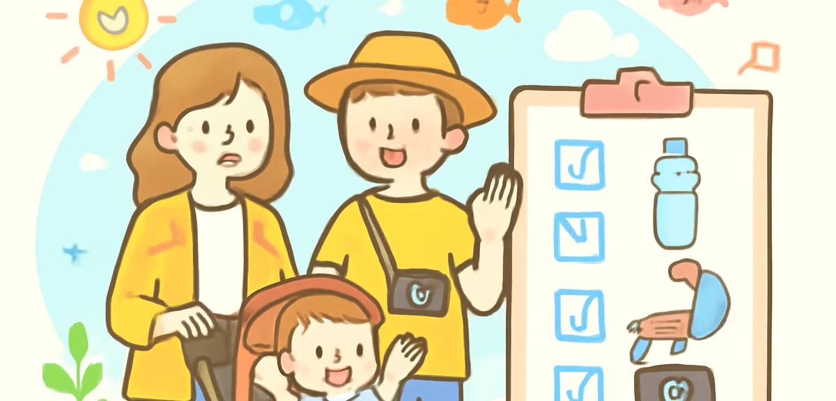 Family with a checklist of aquarium essentials including water bottle, cardigan, stroller, and camer