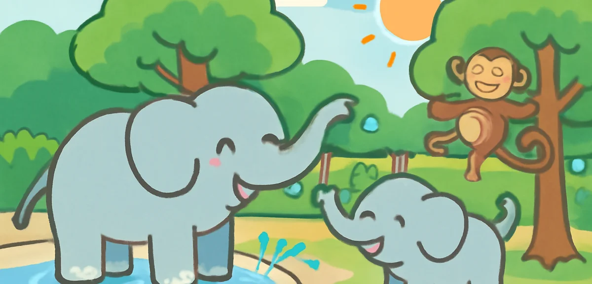 Lively animals in the cool morning hours at a zoo, elephants and monkeys active, water splashing, gr