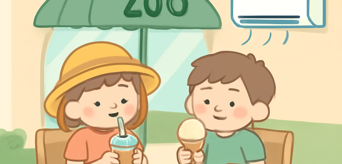 Children resting under a shaded area at a zoo cafe, drinking cold beverages, ice cream, indoor rest 