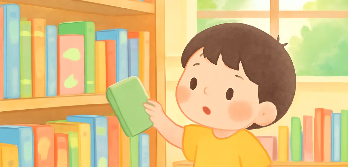 A shelf full of colorful children's books in a bright library, a small Japanese child choosing a boo