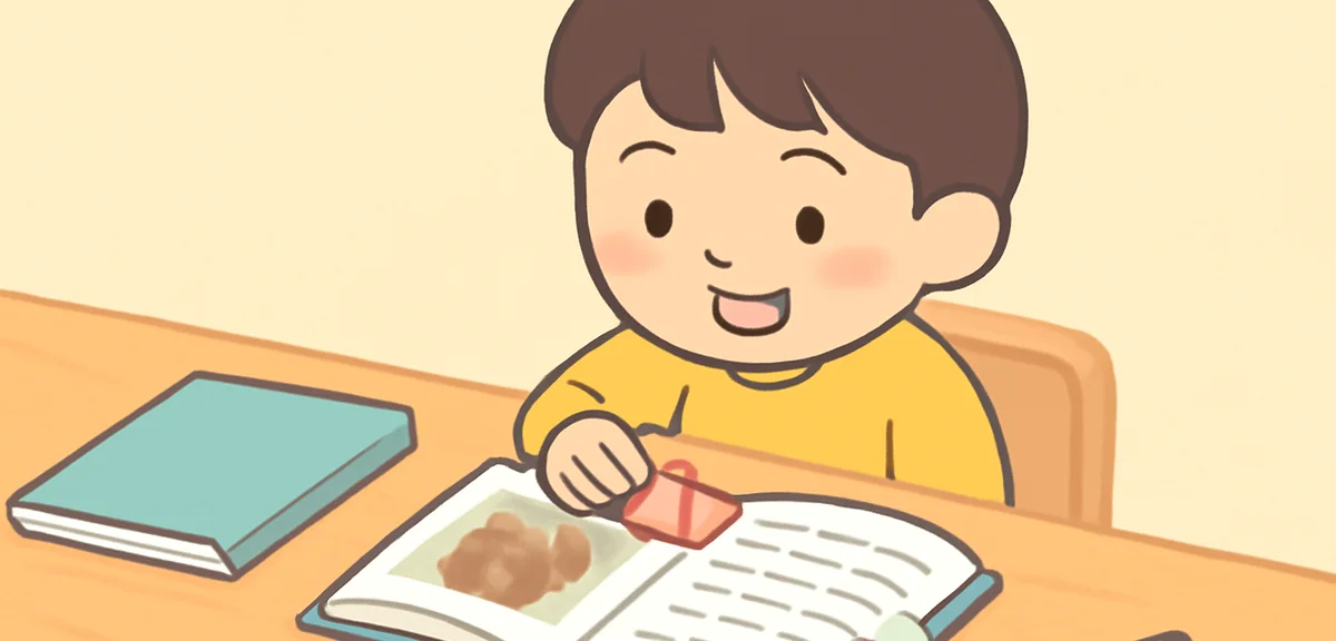 A close-up of a Japanese elementary school student placing small sticky notes on the pages of a stor