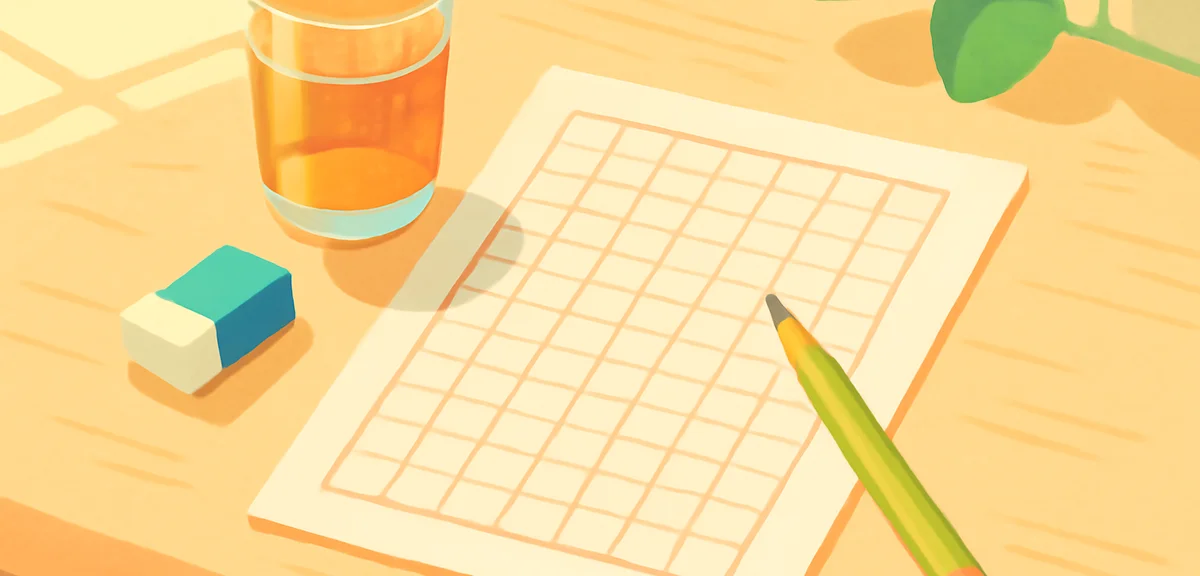 A neat handwritten Japanese manuscript paper (genko yoshi) with a pencil resting on it, an eraser an