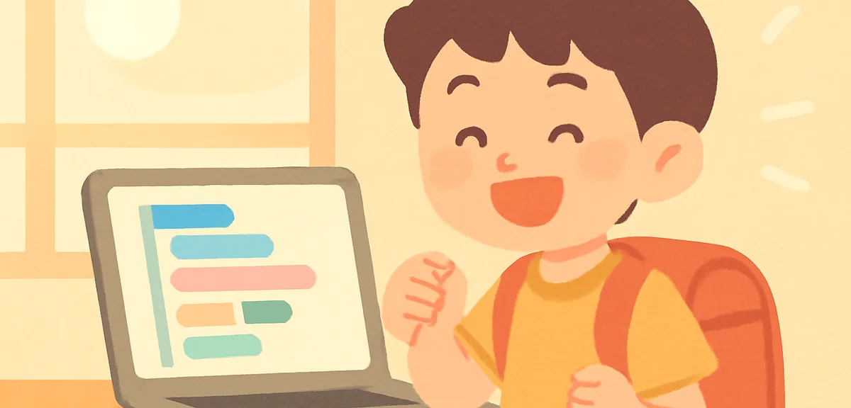 A Japanese elementary school child smiling in front of a laptop showing colorful block-based code, g
