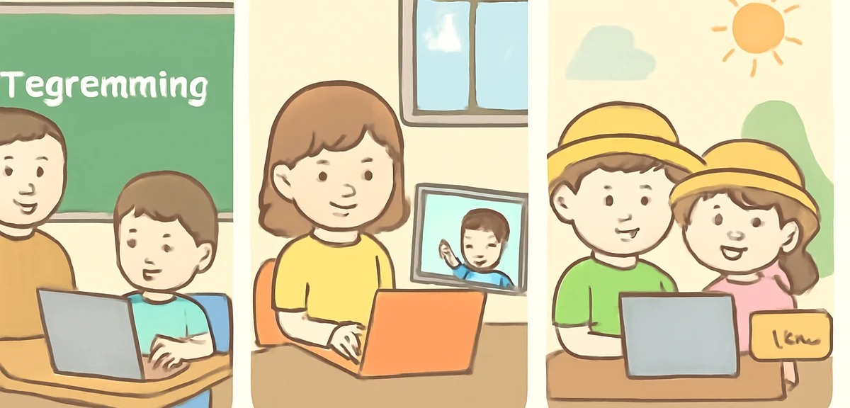 A cheerful comparison illustration showing three programming class styles side by side: in-person cl