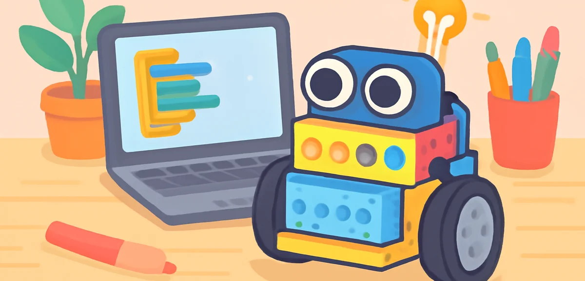 A close-up illustration of a colorful educational robot with wheels and sensors, next to a laptop sc