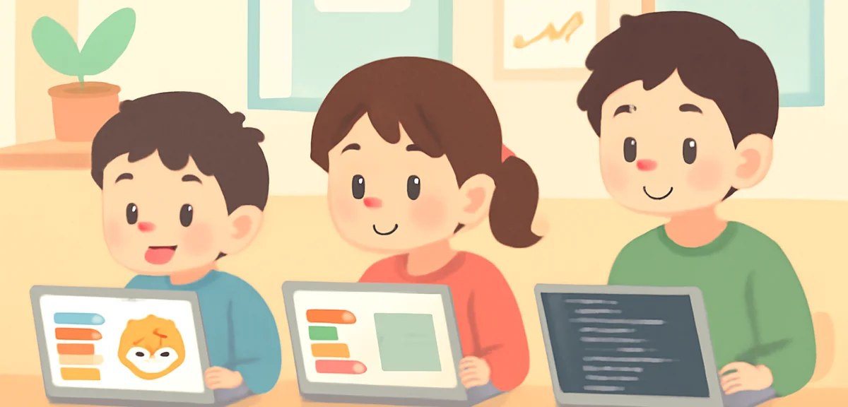 An illustration of three Japanese elementary students at different grade levels working on age-appro