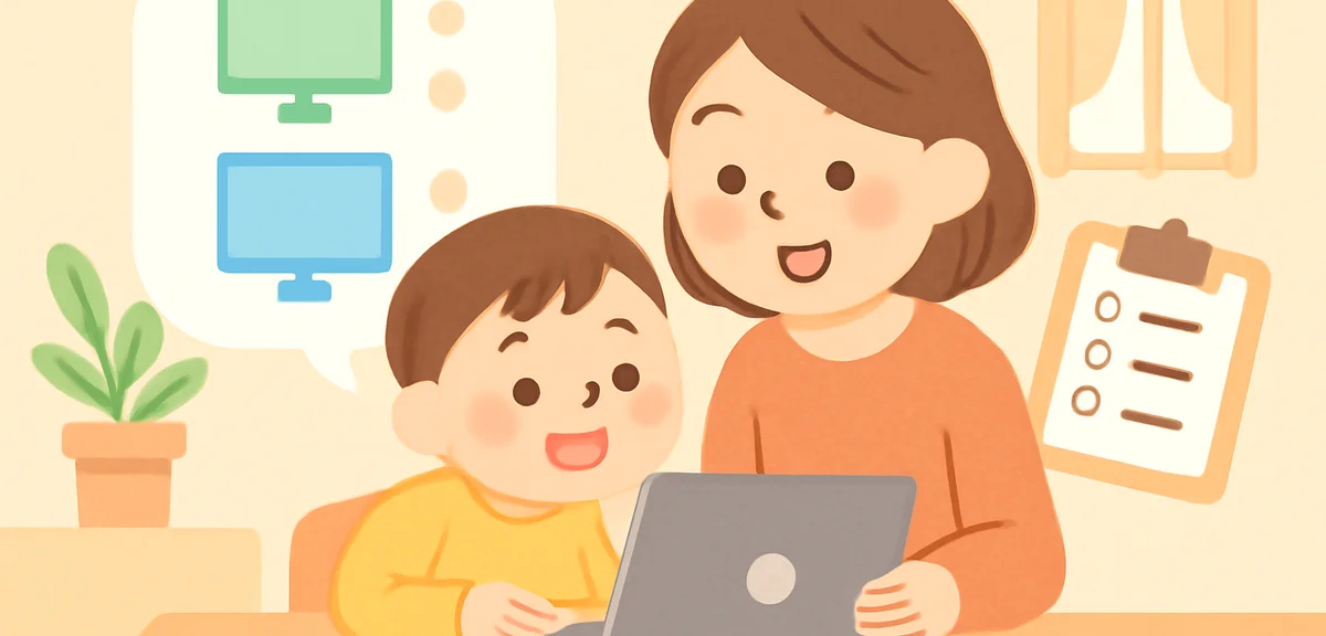 A parent and child looking at a laptop together comparing programming class options, notebook with c