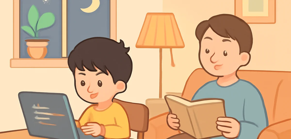 A cozy home scene with a Japanese child at a small desk coding on a laptop, a family member reading 