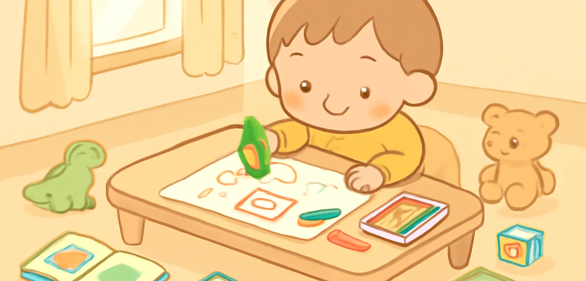A small child around five years old drawing with crayons on large paper at a low table, scattered pi